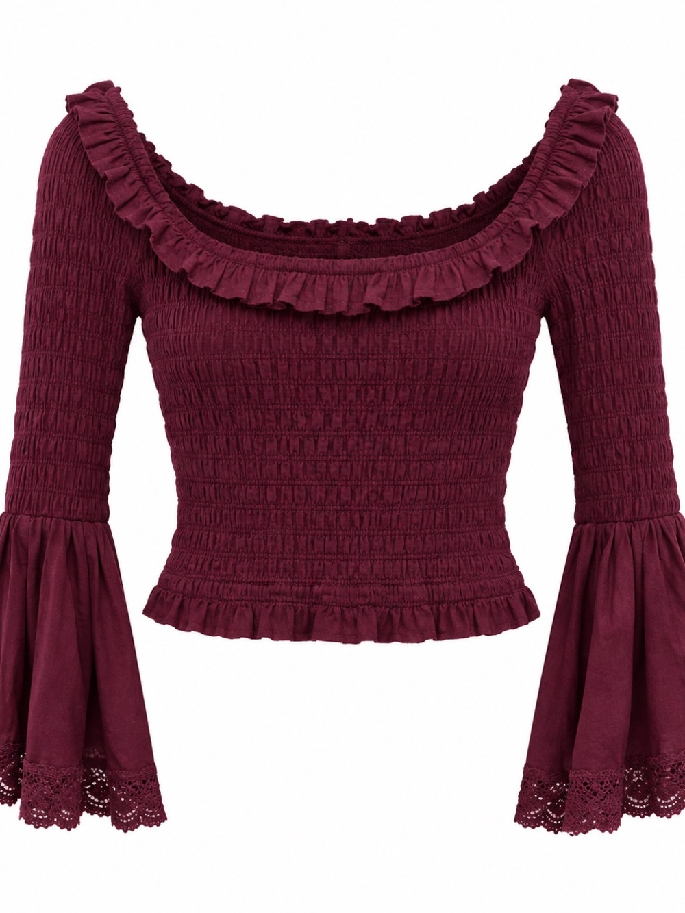 Free People Burgundy Smocked Ruffle Bell-Sleeve Crop Top